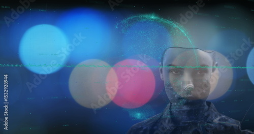 Wallpaper Mural Avatar face showing holographic data in virtual space, with particle sphere and waveform line Torontodigital.ca