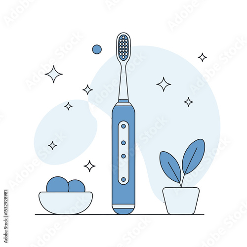 A stylized electric toothbrush is centrally positioned with a small plant and a bowl on either side, surrounded by minimalist star shape