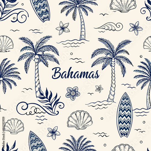 Tropical Bahamas pattern with palm trees, shells, and surfboards , for festive events, travel, decoration, gift wrapping and festive attributes