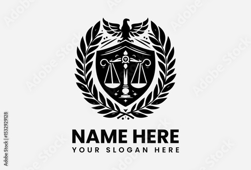 Detailed black and white legal emblem featuring a balance scale on a shield, flanked by olive branches and topped with an eagle. Law firm concept