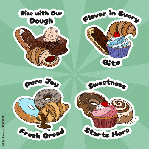 Sweet bakery set collections with various types of baking products and confectionery. Bakery shop and cafeteria restaurant decoration stickers 