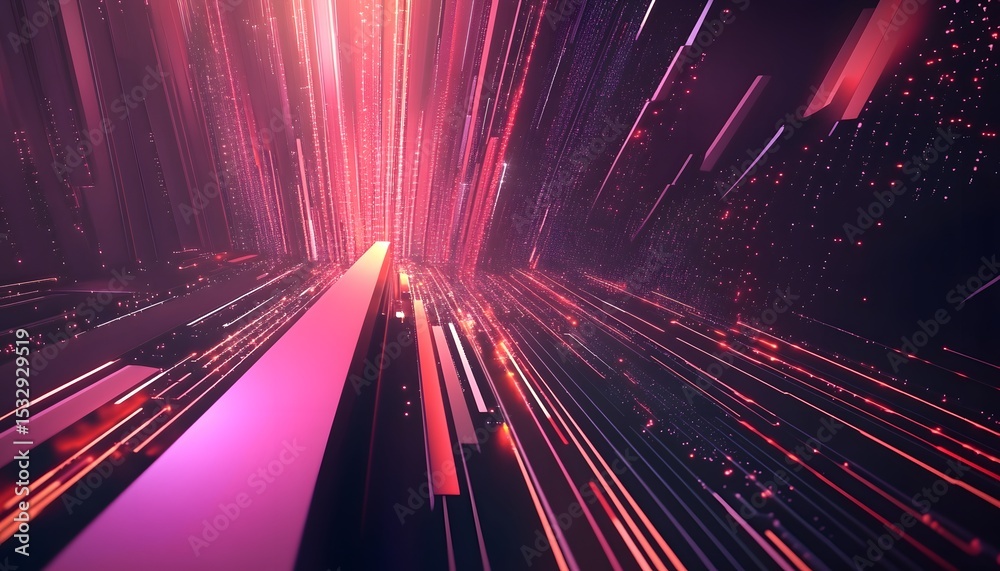Obraz premium Abstract digital tunnel with vibrant lines and glowing particles.