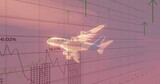 Hovering translucent airplane overlaying chart grid, with line graphs, bars, arrows and percentages