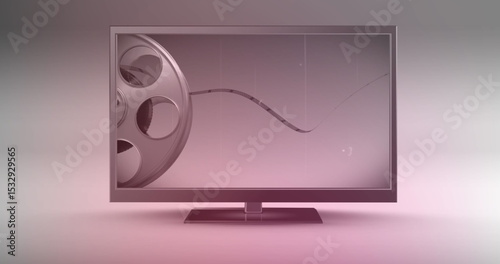 Flat-screen monitor displaying metallic film reel and filmstrip in studio with gradient backdrop