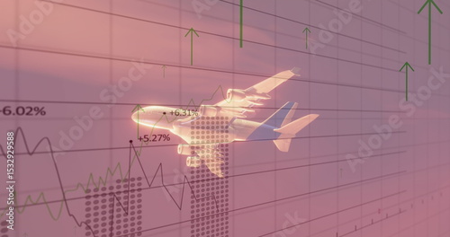 Hovering translucent airplane overlaying chart grid, with line graphs, bars, arrows and percentages