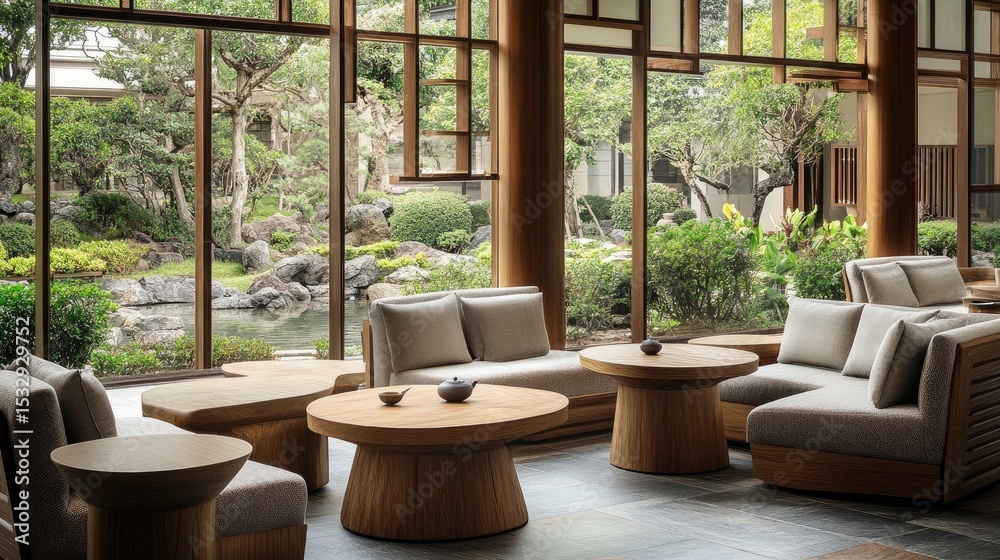 Fototapeta premium Serene Interior with Modern Furniture Overlooking Tranquil Garden in Contemporary Zen Style Living Space