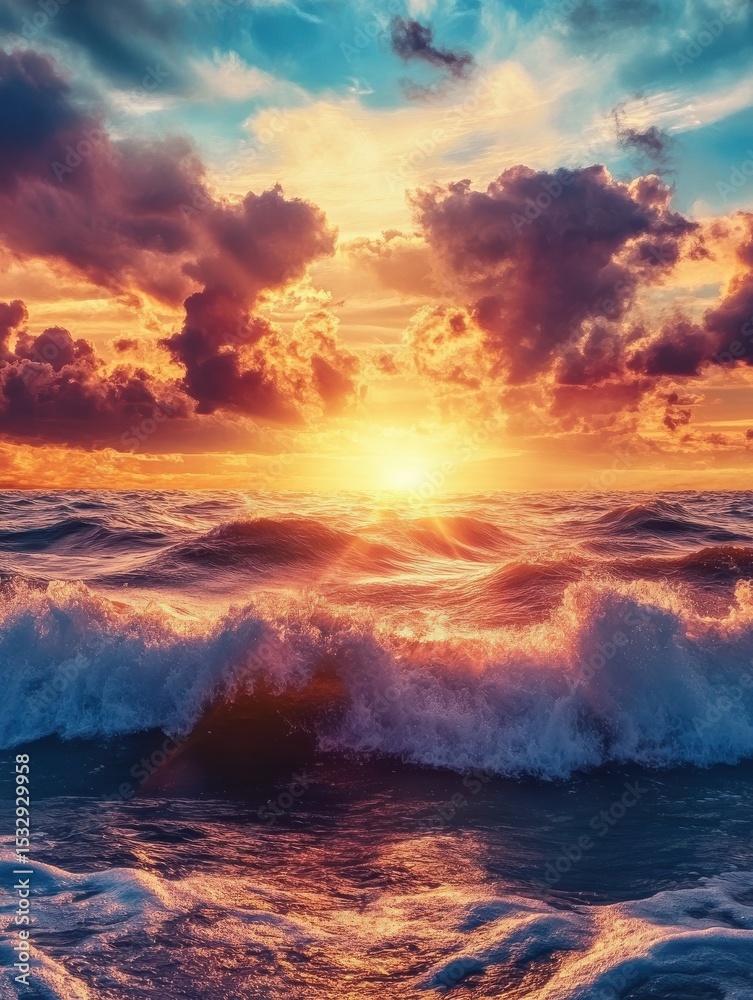 Fototapeta premium A breathtaking image capturing the sunset over the ocean with dramatic clouds and bright rays piercing through the sky. The waves accentuate the scene's tranquility and majesty.