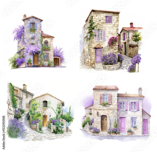 Fototapeta Naklejka Na Ścianę i Meble -  Street with stone houses and lavender, watercolor clipart illustration with isolated background.