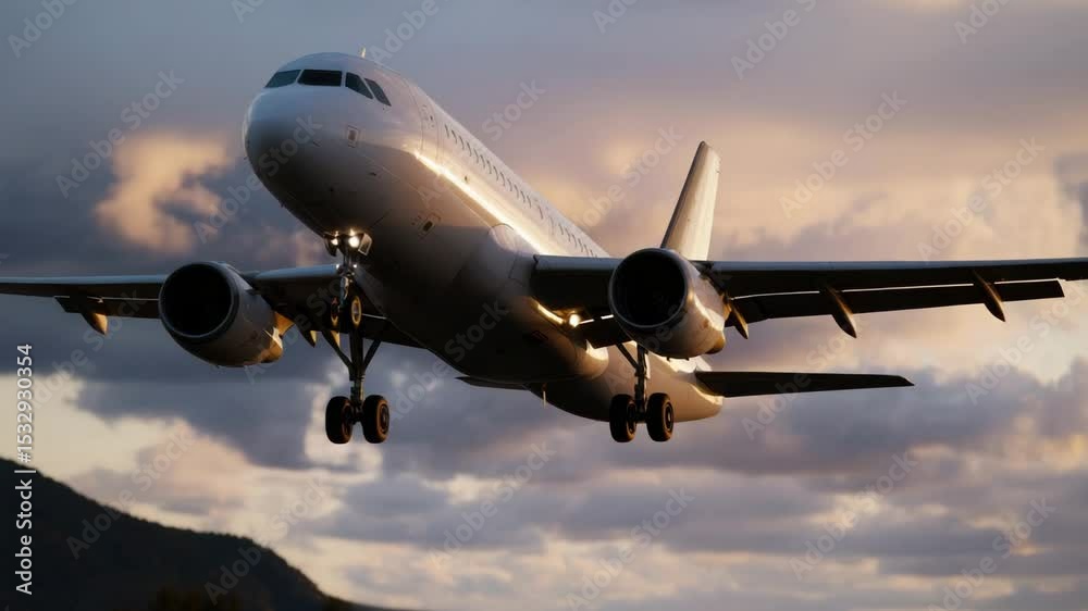 A white passenger airplane taking off at dusk, showcasing its sleek design and powerful engines against the backdrop of a cloudy sky. A white passenger airplane taking off at dusk, showcasing its sleek design and powerful engines against the backdrop of a cloudy sky.