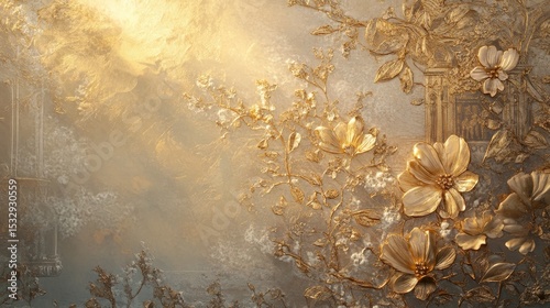 Golden flowers and leaves with sunlight shining through on a textured background.