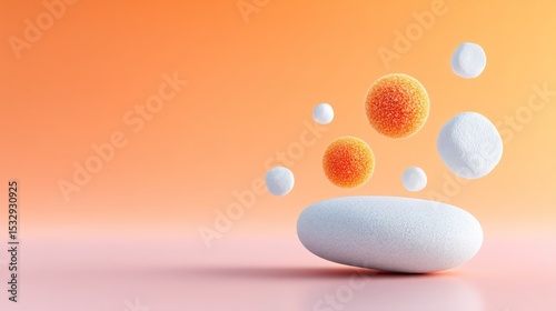 Floating White and Orange 3D Shapes on Peach Background