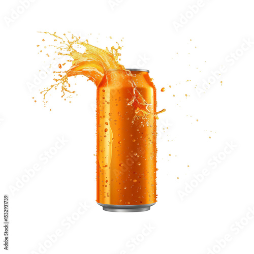 Refreshing Orange Soda Splashing from Aluminum Can
