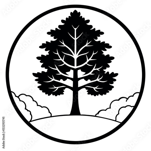 Black and White Stylized Beech Tree in Circular Frame