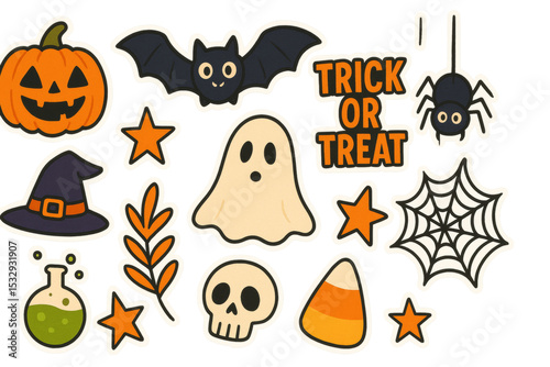 Halloween-themed stickers featuring a carved pumpkin. Bat. Ghost. Witch hat. Potion. Skull. Candy corn. Spider. Spiderweb. And the phrase trick or treat on a transparent background