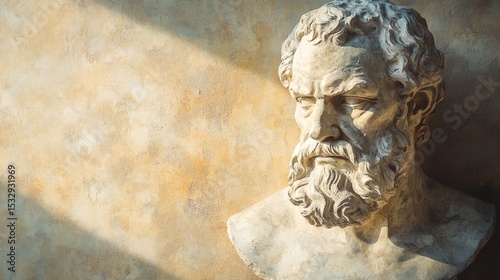 Bust of ancient philosopher with beard and serious expression against a textured background.
