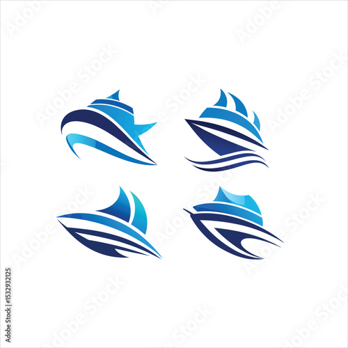 Collection of four unique blue boat logos on a white background art