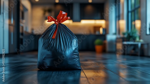 Tied trash bag with modern kitchen.