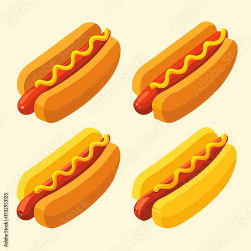 Four Delicious Hot Dogs with Mustard Illustration