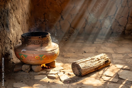Clay cooking pot with firewood flame high resolution picture photo