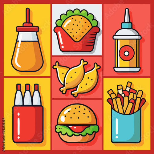 Fast Food Icons Set Burger Fries Chicken Nuggets Sauces