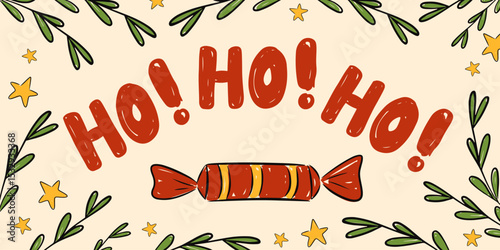 Ho ho ho vector christmas clip art illustration with candy, greeting banner card. Vector illustration