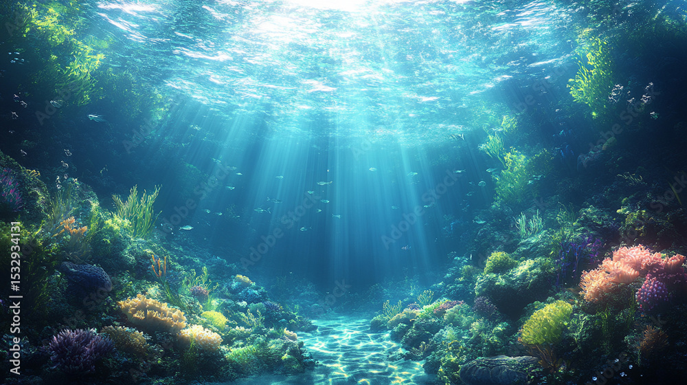 Naklejka premium Sunlight streams through underwater coral reef