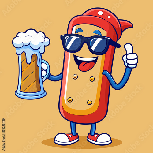 Cool Bandage Cartoon Character Holding Beer Mug