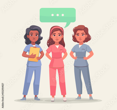 Team of Nurses: Three confident nurses in different colored scrubs stand together, ready to provide care and support. A speech bubble above them suggests a discussion or teamwork.