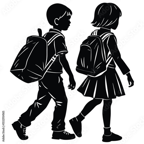 vector illustration, school children, boy, girl, walking, backpacks, education, childhood, school, journey, friendship, black and white, silhouette-Adobe Illustrator Artwork