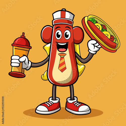 Happy Hot Dog Cartoon Mascot Serving Food and Drink