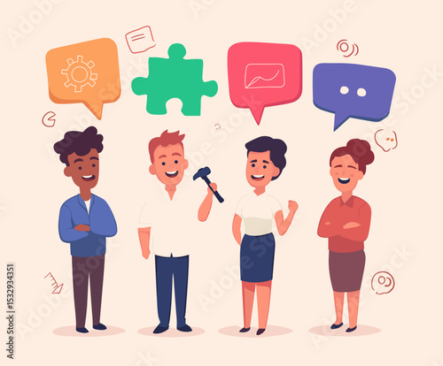Teamwork Innovation: A vibrant group of diverse professional stand among message bubbles containing icons symbolizing strategy, solutions, data and communication in a cartoon image.