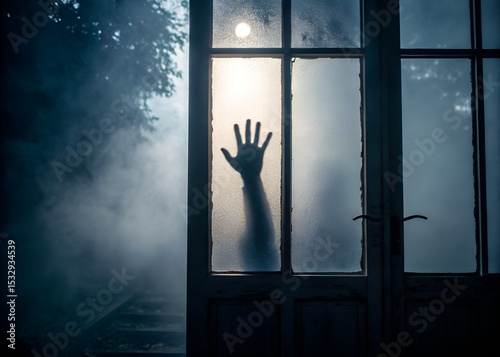 Shadowy Figure Behind Frosted Glass Door – Mysterious Horror Concept photo
