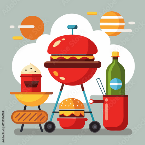 Summer BBQ Party Flat Design Illustration with Burgers and Grill