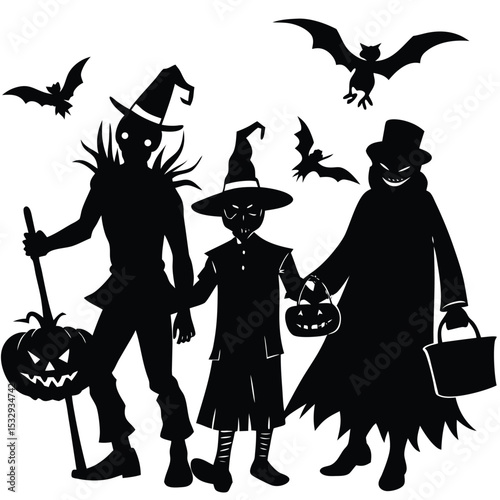 halloween, silhouette, scarecrow, witch, monster, bat, jack-o'-lantern, trick-or-treat, celebration, night, spooky, festive, costumes, holiday-Adobe Illustrator Artwork
