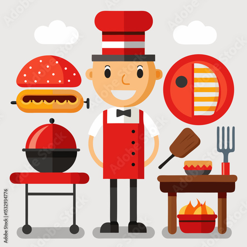 Happy Chef Grilling Burgers Hot Dogs at a BBQ
