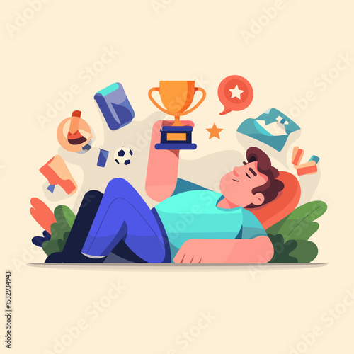 Trophy Dream: A relaxed figure dreams of achievements and symbols of success, surrounded by vibrant icons representing aspirations and milestones, floating in a colorful artistic vision.