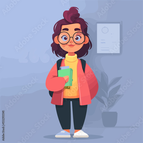 Smart Student: A student is standing in front of wall wearing eyeglasses and backpack holding book in hand. A smart student looking at camera, waiting to attend class.