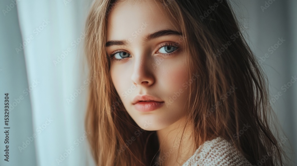 Young woman with long brown hair and striking blue eyes gazes thoughtfully at the camera, illuminated by soft natural light, creating a serene and captivating portrait atmosphere Young woman with long brown hair and striking blue eyes gazes thoughtfully at the camera, illuminated by soft natural light, creating a serene and captivating portrait atmosphere