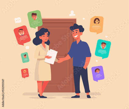 Job Interview: A modern illustration showcasing the dynamic of job interview process, depicting a recruiter engaging with a prospective candidate surrounded by profile options.