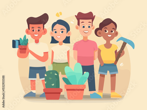 Community Garden: A diverse group of friends, united by their passion for gardening, stand proudly beside their flourishing plants, embracing the beauty of nature.