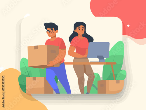 Office Relocation: Happy colleagues work together to move boxes during office relocation.  