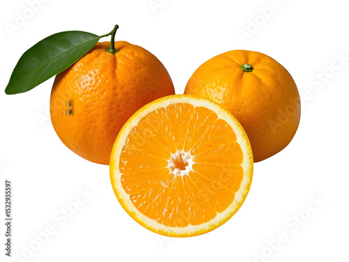 Isolated Ripe Orange Fruits With Green Leaf And Juicy Slice