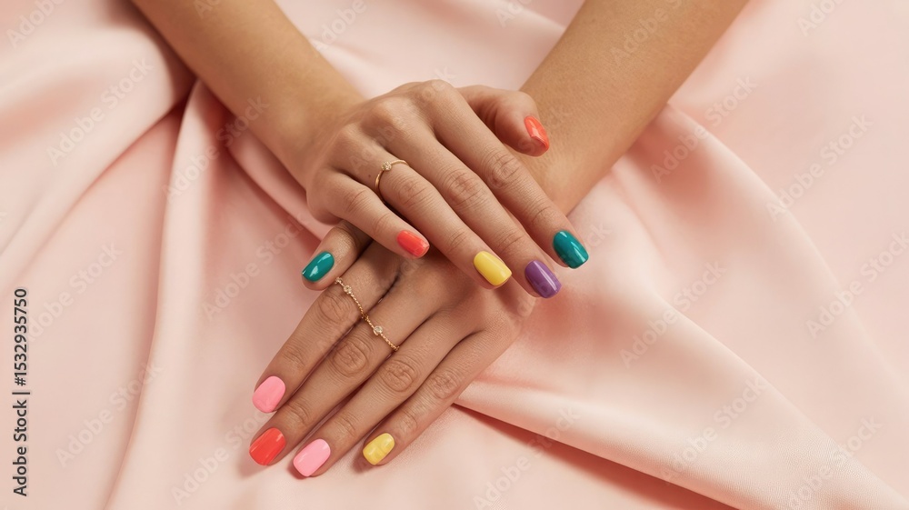 Fototapeta premium Woman s hands with colorful nails and gold rings on pink fabric