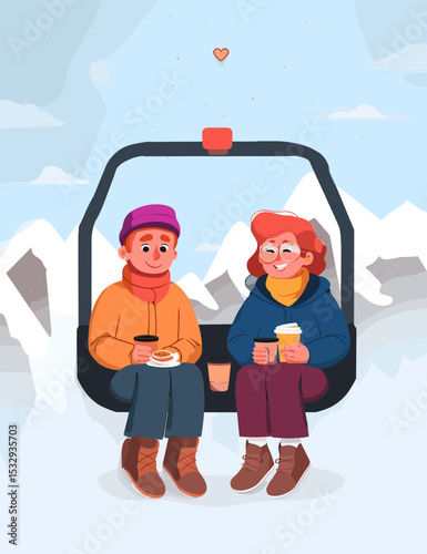 Love in the Clouds: An illustration of a romantic pair, snuggled together on a ski lift. They are in high altitudes with a heartwarming love connection.