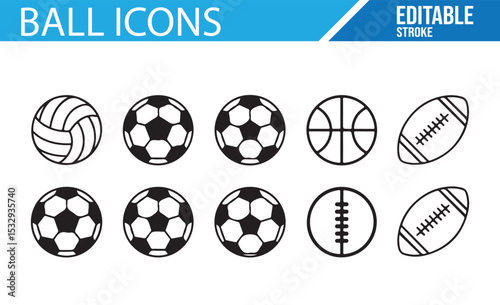 Set of editable vector sports ball icons for use in fitness and team sports designs.