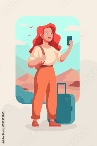 Journey Selfie: A vibrant woman embraces her travel adventure, capturing a selfie with a smartphone, accompanied by her luggage and a scenic backdrop of mountains and sky.