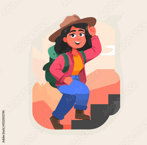 Young Female Hiker Illustration: Cheerful young female hiker with backpack and hat hikes the trail in this colorful flat vector illustration.
