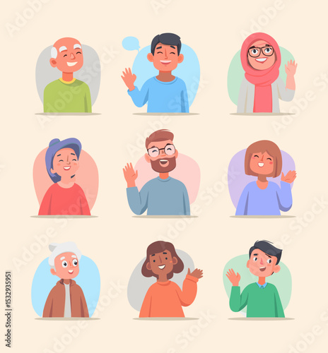 Diverse Greetings: A vibrant collection of smiling individuals, each offering a friendly wave in a photorealistic display of human connection and inclusivity.
