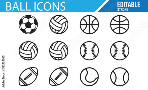 Sports ball vector icons for use in fitness, sportswear, and athletic branding.