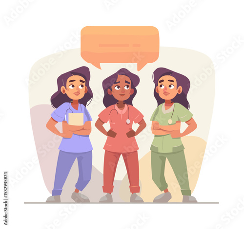 Nurses Unite: Illustration showcasing three nurses in uniform, ready to provide care and assistance in a supportive environment.